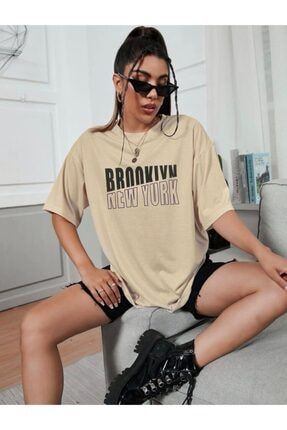 Bej Oversize Newyork Brooklyn Logo T-shirt ny-123