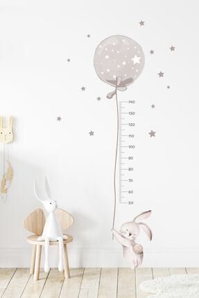 Füme Renk Balonlu Tavşan Boy Ölçer Duvar Sticker Seti füme renk balonlu tavşan boy ölçer