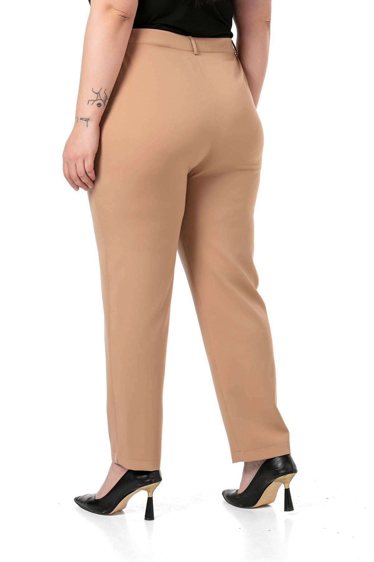 DISENTIS MODEST-Plus Size Beige Trousers with Elastic Waist and Side Zipper and Slits on the Leg 3