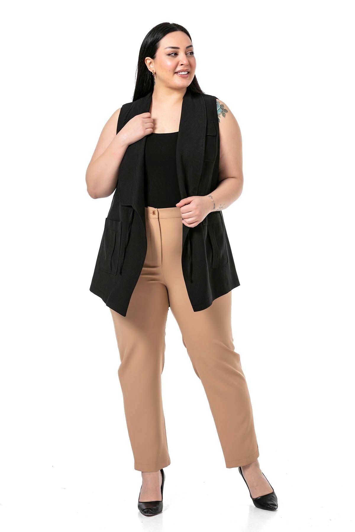 DISENTIS MODEST-Plus Size Beige Trousers with Elastic Waist and Side Zipper and Slits on the Leg 4