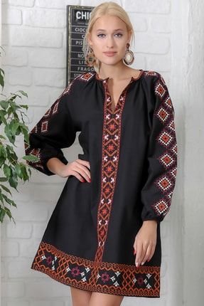 Kadın Siyah Traditional Nakışlı Balon Kol Dokuma Elbise M10160000EL94015