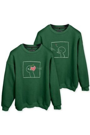 Kalp Atışı Baskılı Sevgili Kombini Yeşil Oversize Sweatshirt SWFN0131