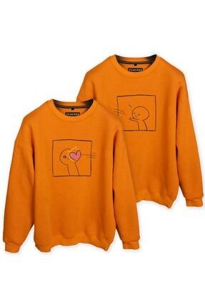 Kalp Atışı Baskılı Sevgili Kombini Turuncu Oversize Sweatshirt SWFN0131
