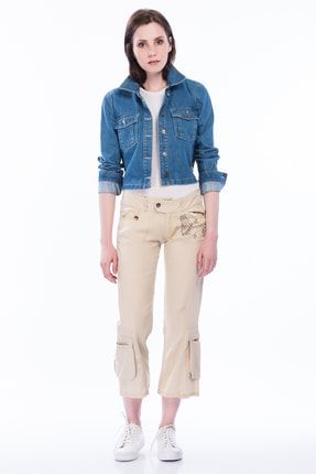 Kadın Bej Paça Cep Detaylı Boncuk İşli Pantolon 85N6514