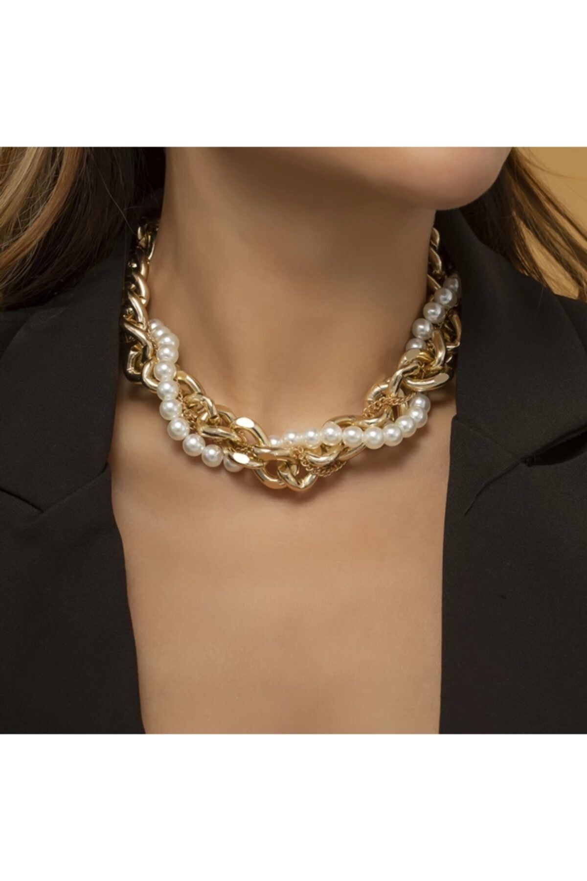 PAR AKSESUAR Gold Chain Cream Pearl Multiple Necklace Trendyol