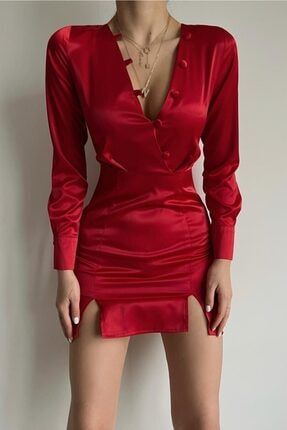 Kadın Kırmızı Düğme Detay Saten Elbise NİLDA700
