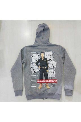 Takashi Mitsuya Anime Gri Kalın Şardonlu Fermuarlı Sweatshirt ATLTMASW01