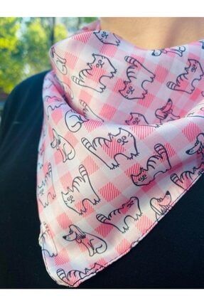 Karikatür Kedi Köpek Kedili Köpekli Pembe Fular Bandana Aksesuar Kedi Desen Fular Köpek Desen Fular KK0382