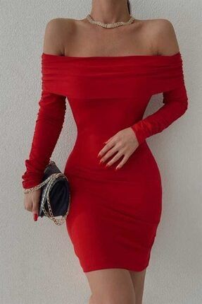 Esnek Sandy Kumaş Uzun Kollu Madonna Yaka Kırmızı Mini Elbise Lapodio11