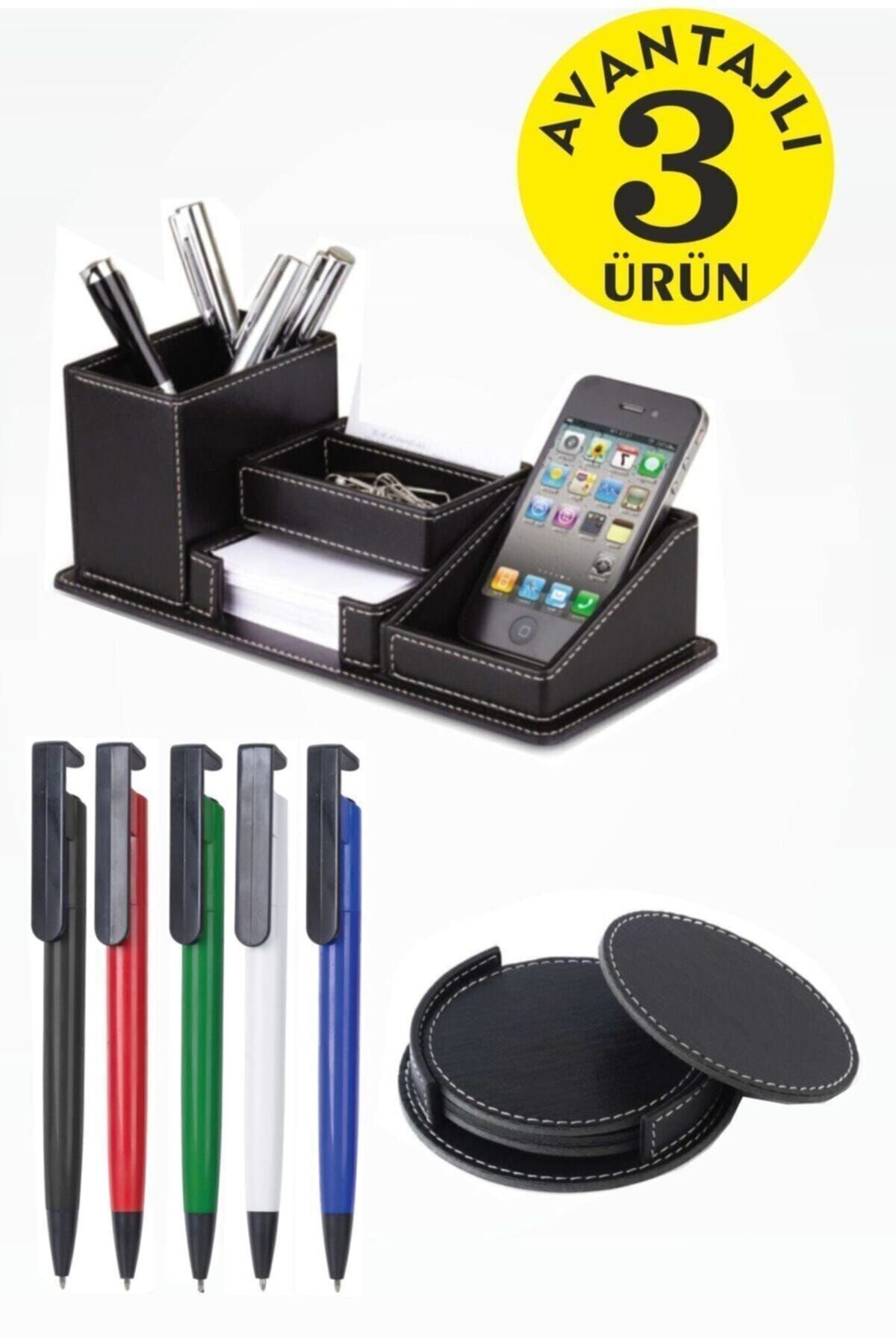 EGESTA Organizator De Birou Din Piele - 4 Suporturi Pentru Pahare, 5 Suporturi Pentru Telefon, Pix - One Size