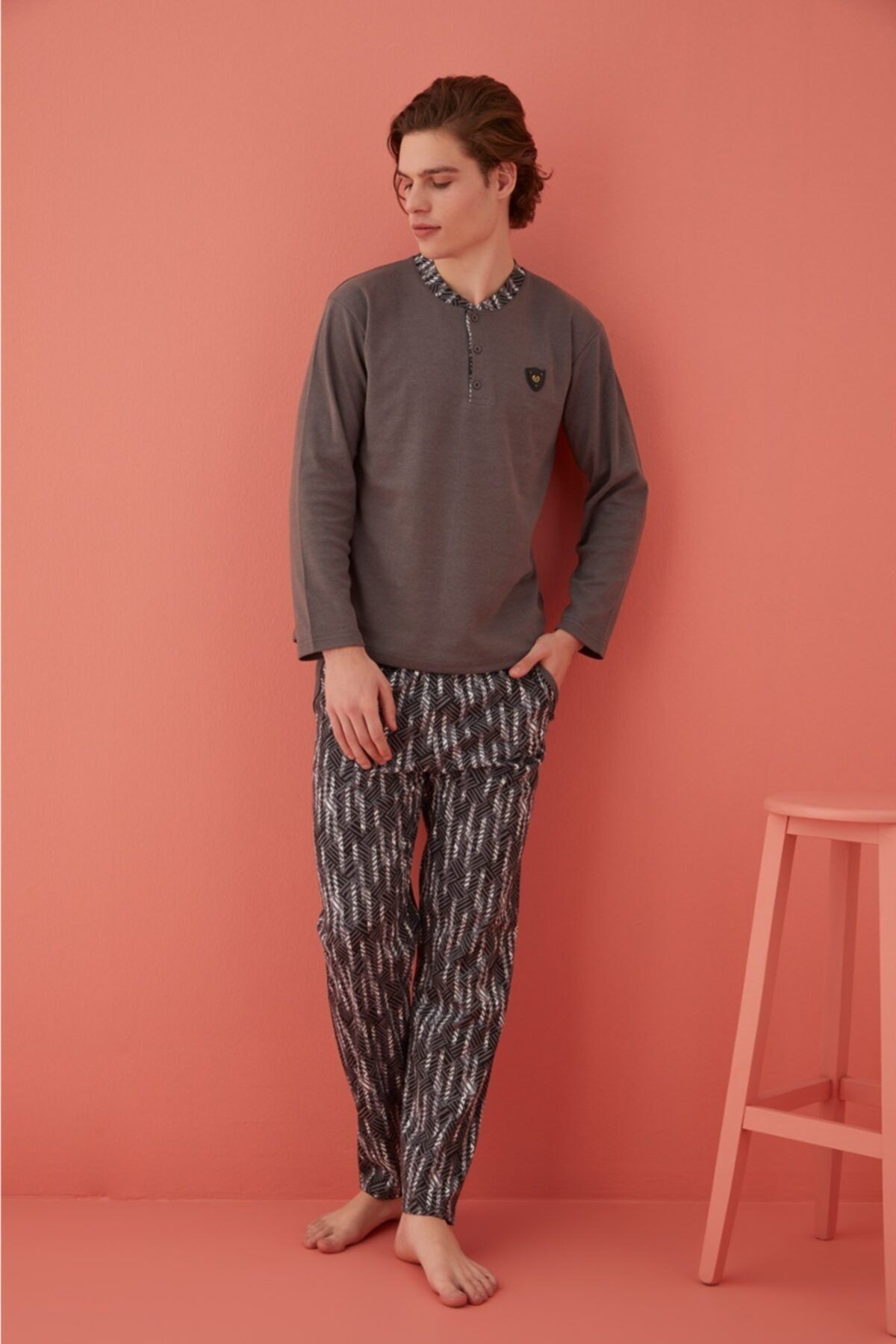 bendengiy Erkek Gri Pamuklu Yumuşak Dokulu Uzun Kol Erkek Pijama Takım