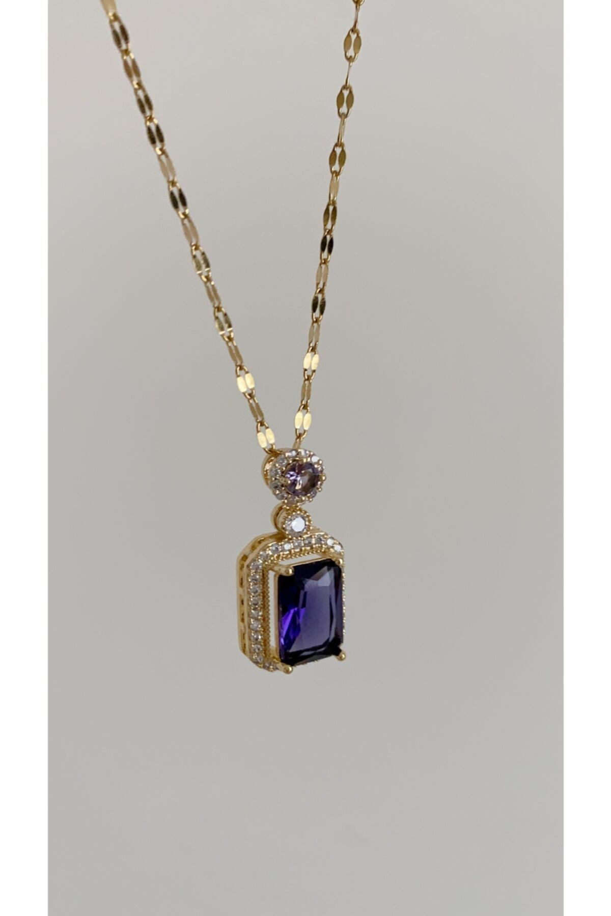 Al Atelier Does not tarnish and does not fade. Zircon Rectangular Stone Steel Necklace Gold