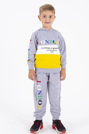 Erkek Çocuk Sarı London Baskı 4-12 Yaş Kapüşonlu Takım 2022 GRPCM00012884
