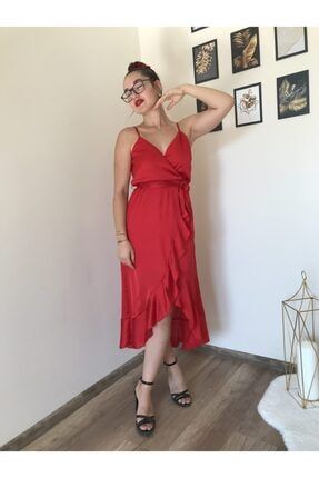 Volanlı Belden Kuşaklı Kırmızı Elbise SNRTBTQ100130