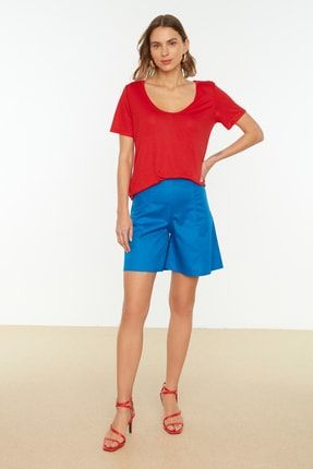 Kırmızı Viskon Karışımlı V Yaka Basic Örme T-Shirt TWOSS20TS0131