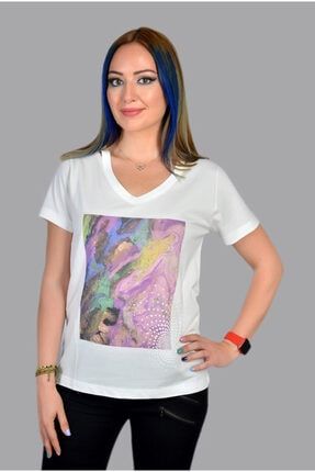 Kadın Ekru On The Rocks Baskılı Özel Tasarım Limited Edition V Yaka Modal Pamuk T-shirt TONTHEROCKS1