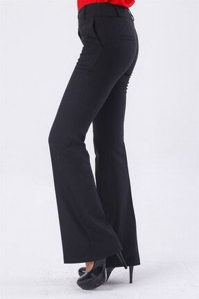 Kadın Kalın Kemerli Cepli Ispanyol Bol Paça Likralı Kumaş Pantolon-siyah 2232