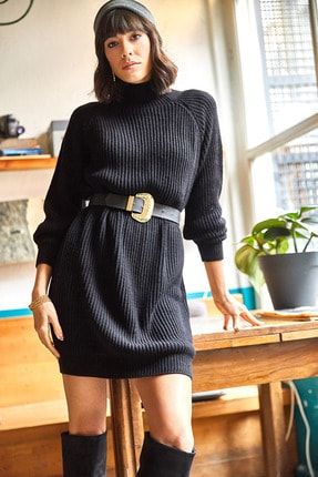 Kadın Siyah Yarım Balıkçı Triko Tunik Elbise ELB-19001662