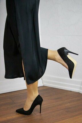 Kadın Siyah Süet Ince Ve Yüksek Topuklu Stiletto Ayakkabı - Topuk 10 Cm RCTR-S-0005