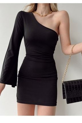 Esnek Kumaş Yırtmaçlı Ispanyol Kol Kısa Siyah Abiye Elbise 4S1B-ENG-021