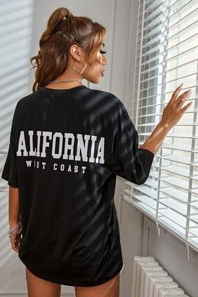 Unisex Oversize Siyah California Baskılı Tişört californiawest01
