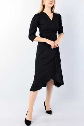 Kadın Siyah Eteği Volanlı Kemerli Şık Elbise Abiye Elbise 75302 LOOK-75302