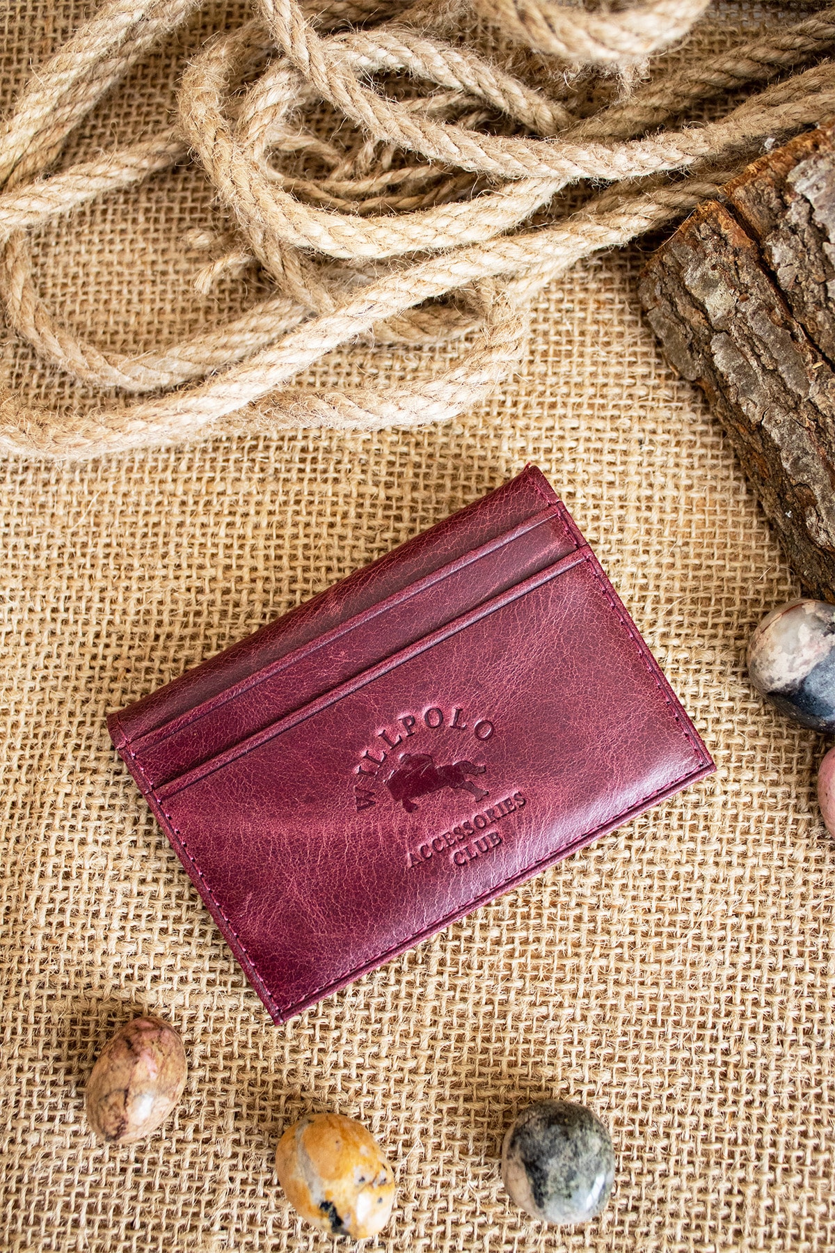 Genuine Leather Crazy Leather Minimalist Claret Red Card Holder