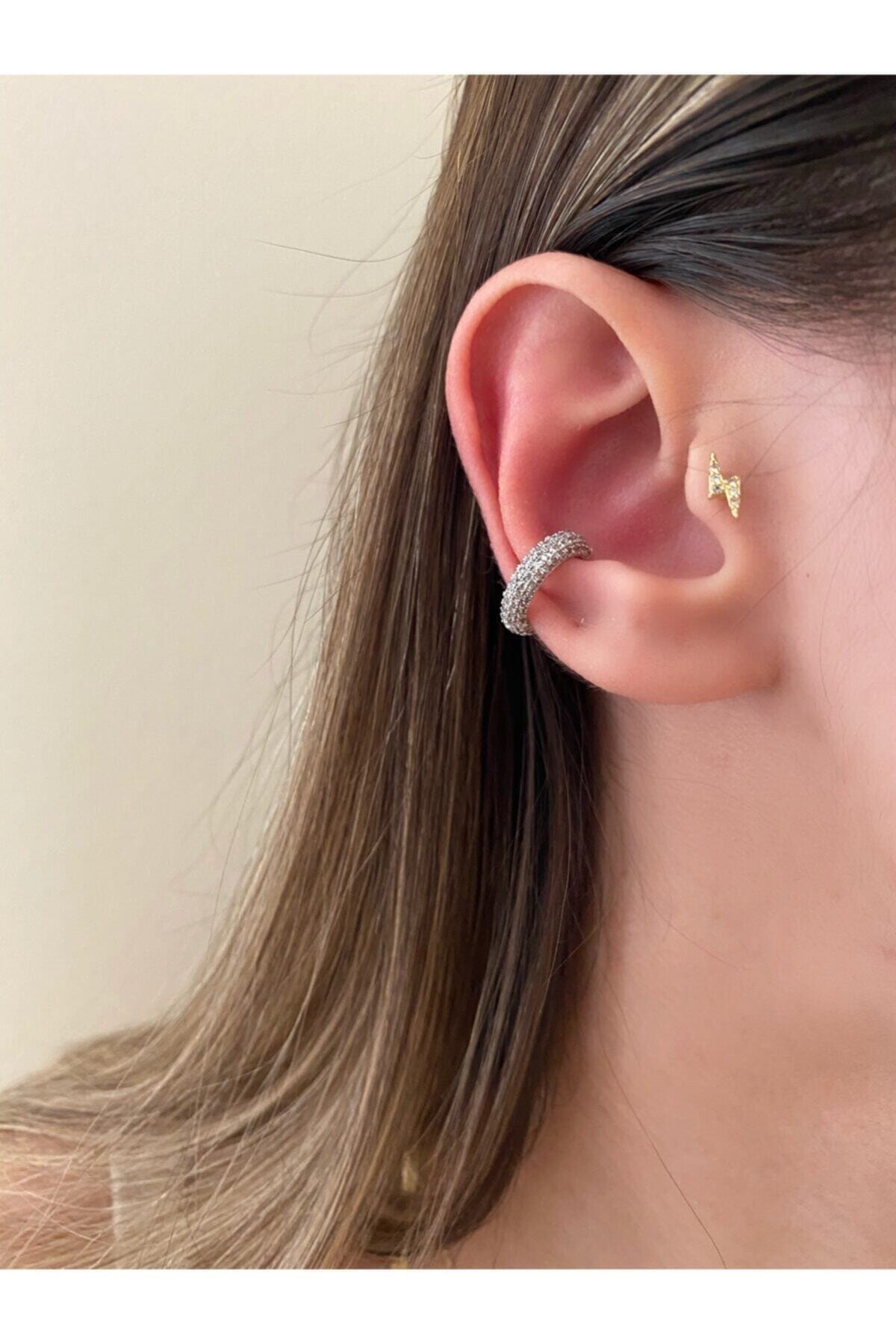 Women's Silver Rhinestone Ring Earcuff Cartilage Earrings