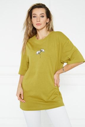 Yağ Yeşili Oversize Çiçek Baskılı T-shirt BS-TK0231