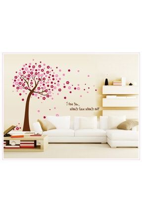 Pembe Çiçekli Ağaç Ev Dekorasyonu Duvar Sticker Hediyelik Duvar Dekoru YK-90