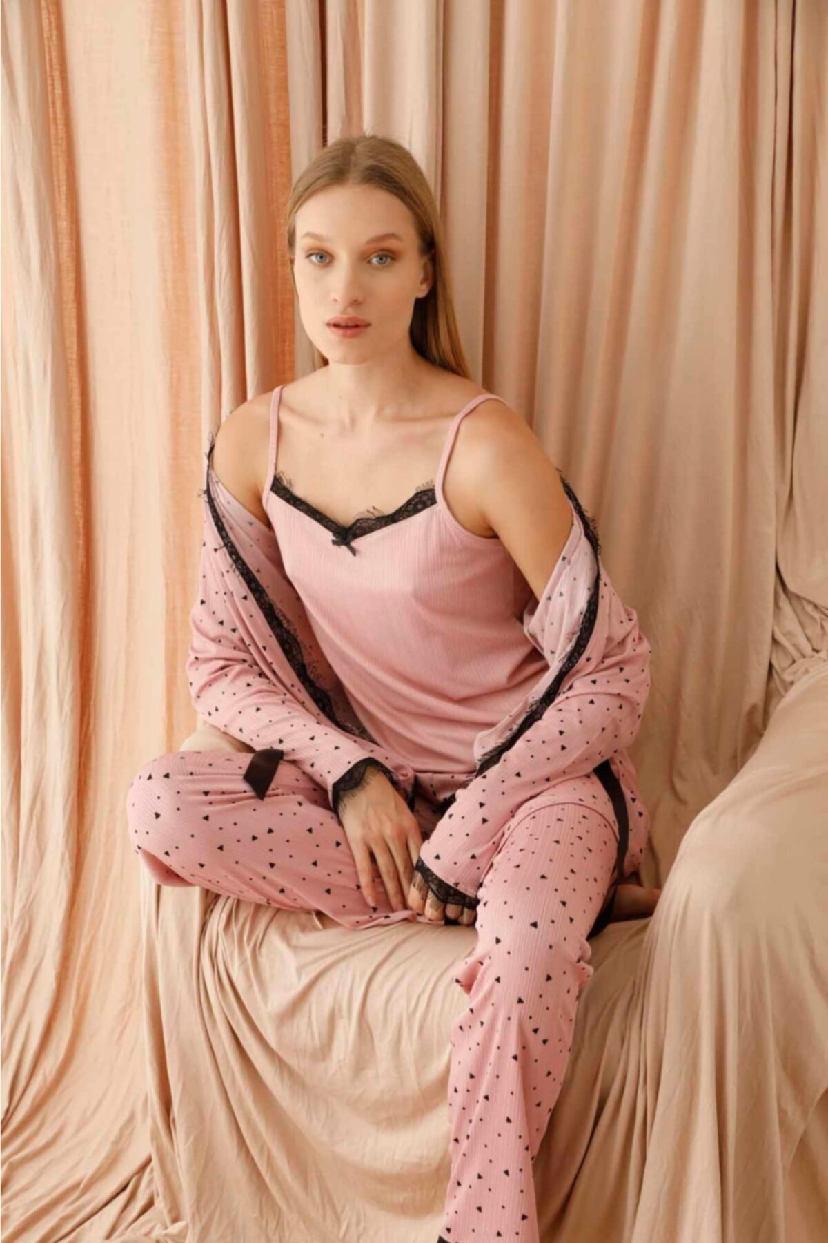 BERİN HOMEWEAR Kadın Yazlık Kaşkorse Sabahlıklı Pijama Takım