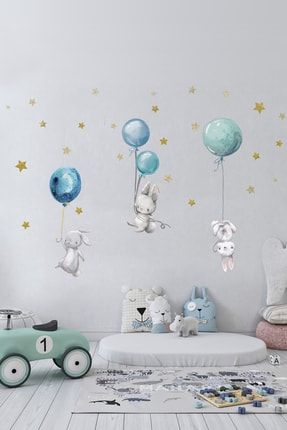 Sevimli Balonlu Tavşanlar Ve Yıldızlar Çocuk Odası Duvar Sticker KTSY01SGA038