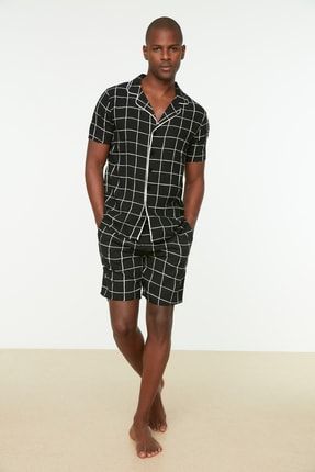Siyah Erkek Regular Fit Kareli Viskon Pijama Takımı THMSS21PT0850