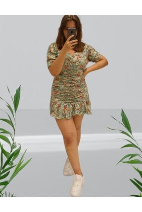 Kadın Çiçekli Drapeli Viskon Mini Elbise (YEŞİL) ECIC0D12