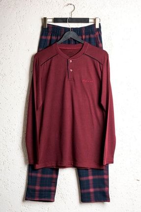 Bordo Ekoseli Erkek Pijama Takımı Düğmeli Yaka Kışlık Uzun Kollu Pijama 6015 M6015