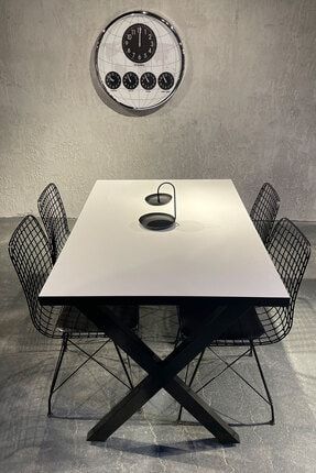 X Ayaklı Masa Beyaz 110x70 cm + 4 Tel Sandalye Masa Takımı 21412701
