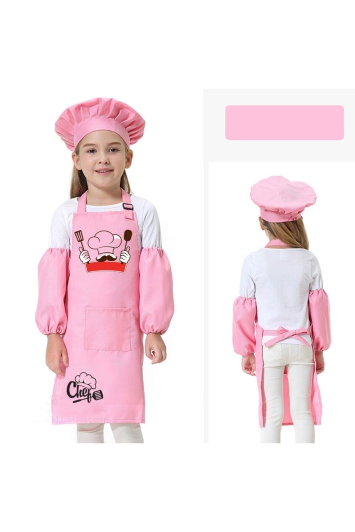 RAY TİCARET Pembe 3 Parça Önlük Set Çocuk Şef Önlük Mutfak Önlük Aşçı Önlük