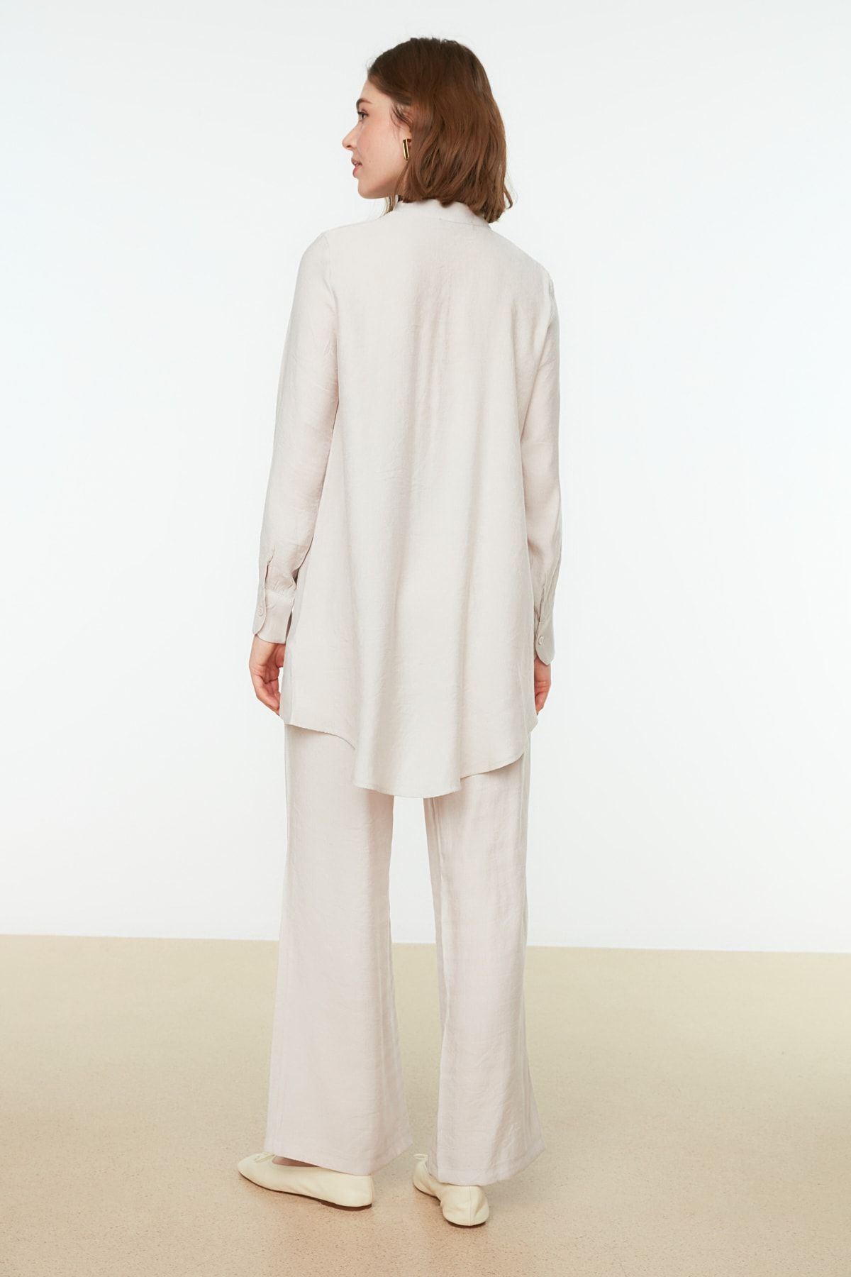 Trendyol Modest-كريم نصف مخفي بلاكيت الكتف مفصلة سترة السراويل المنسوجة مجموعة TCTSS22US0098 5