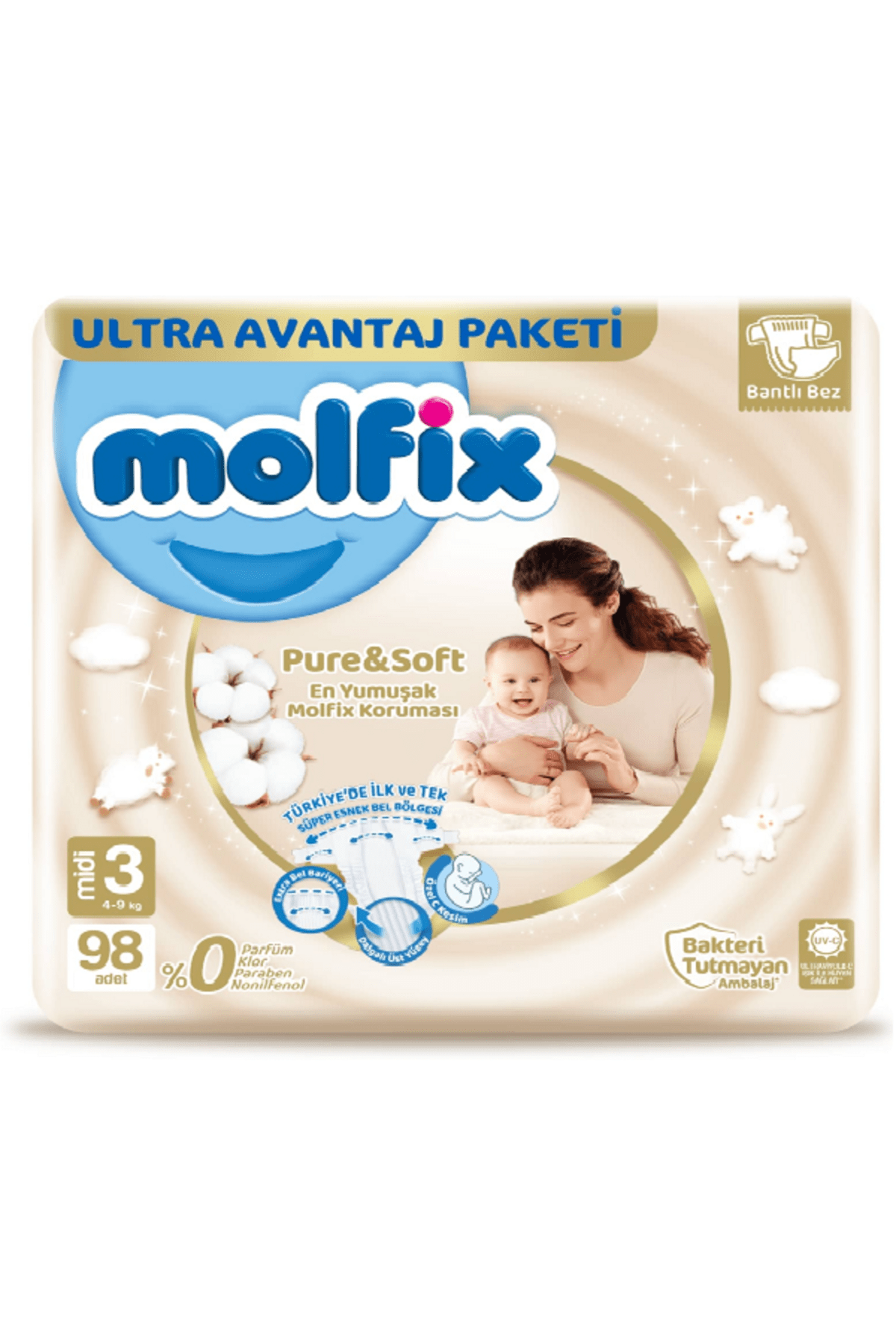 Molfix Pure&soft Bebek Bezi Midi No:3 4-9 Kg 98 Adet