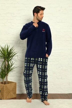Erkek Altı Ekoseli Kışlık Polar Lacivert Pijama Takımı 660