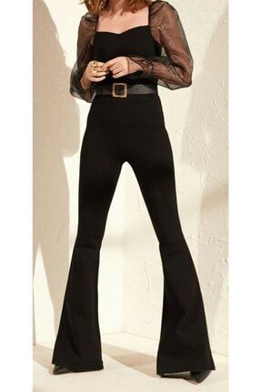 Kadın Siyah Yüksek Bel Ispanyol Paça Çelik Interlok Tayt Pantolon Boy 105cm ismo-gül-2010