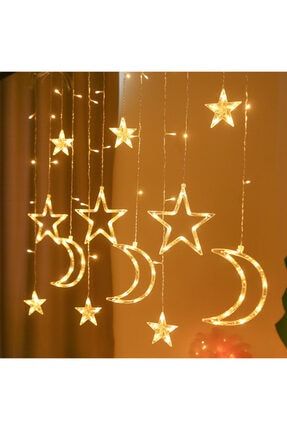 Ay Yıldız Saçak Perde Ramazan Parti Yılbaşı Sarı Led Işık Animasyonlu Elektrikli Fişli ALK108