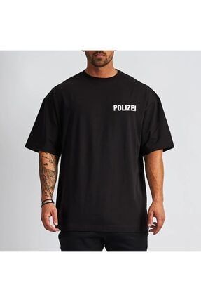 Erkek Siyah Polize Baskılı Oversize Tshirt blacksokerkektshirt