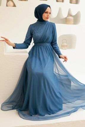 Tesettürlü Abiye Elbise - Inci Detaylı Indigo Mavisi Tesettür Abiye Elbise 56641ım ARM-56641