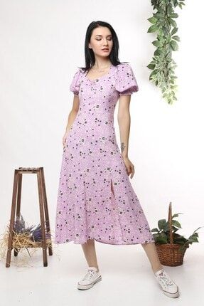 Çiçek Desenli Yırtmaçlı Elbise - Lila 2022/5752