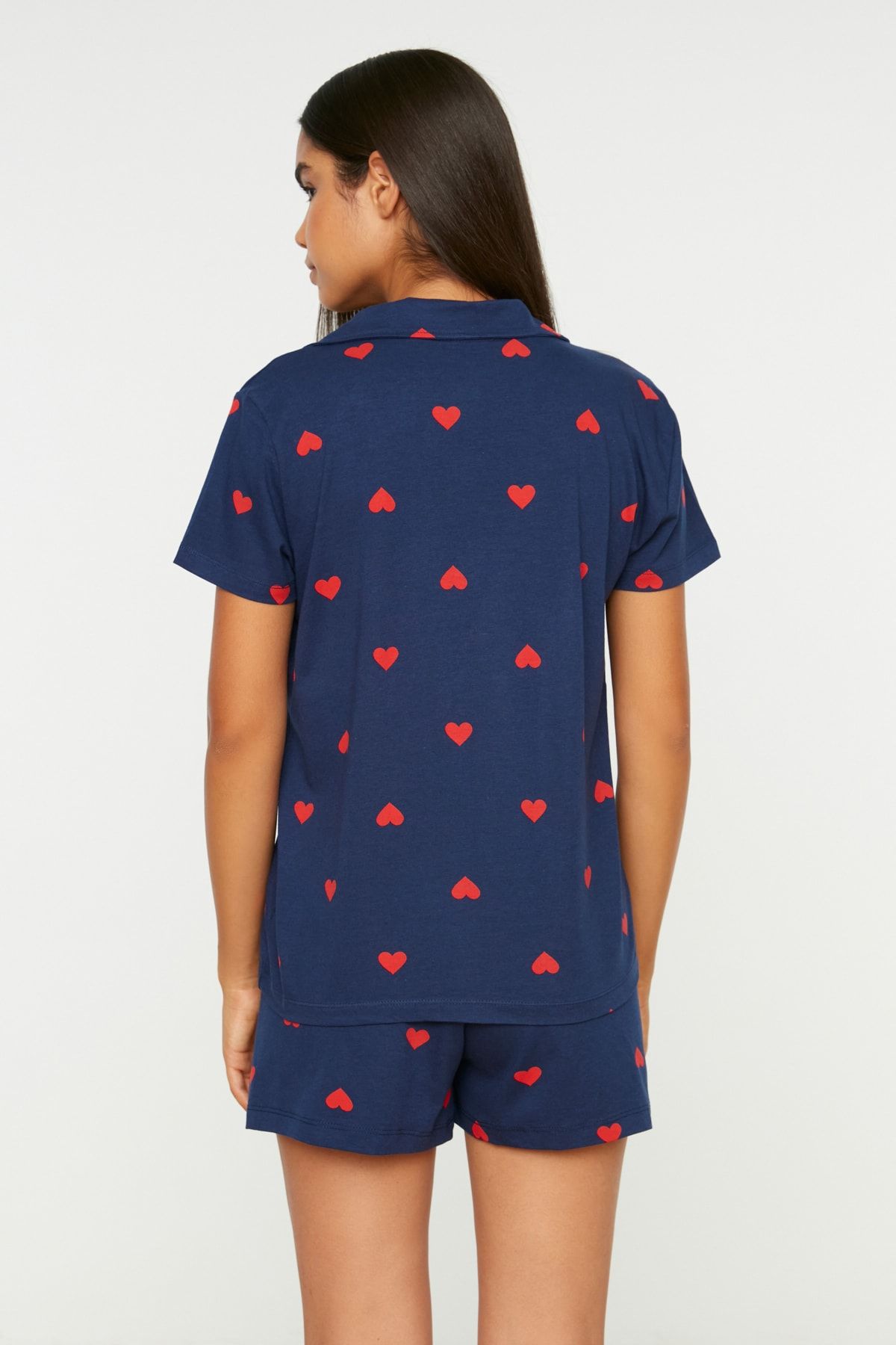 Trendyol Collection-Marineblaues Baumwoll-Shorts-Pyjama-Set mit Herzen – THMSS21PT0756 4