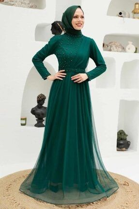 Tesettürlü Abiye Elbise - Inci Detaylı Yeşil Tesettür Abiye Elbise 56641y ARM-56641