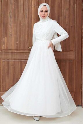 Tesettürlü Abiye Elbise - Inci Detaylı Beyaz Tesettür Abiye Elbise 56641b ARM-56641