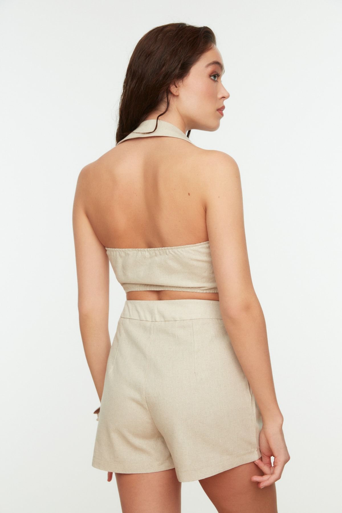 Trendyol Collection-Bluză din amestec de in țesut bej Pantaloni Costum de plajă TBESS21AU0298 4