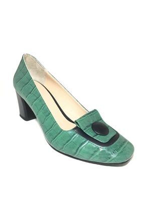 Kadın Yeşil Kroko Düğmeli Klasik Topuklu Ayakkabı /1413